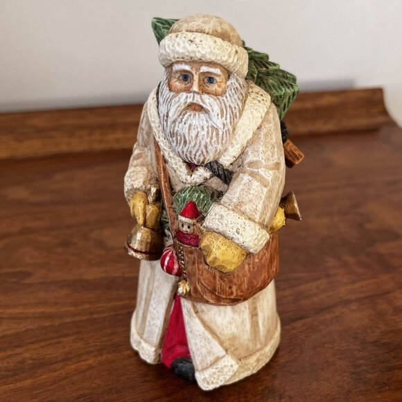 Midwest Woodland Santa Figurine St. Nick Cream Coat w/ Tree on Back Toys Resin - Picture 3 of 10